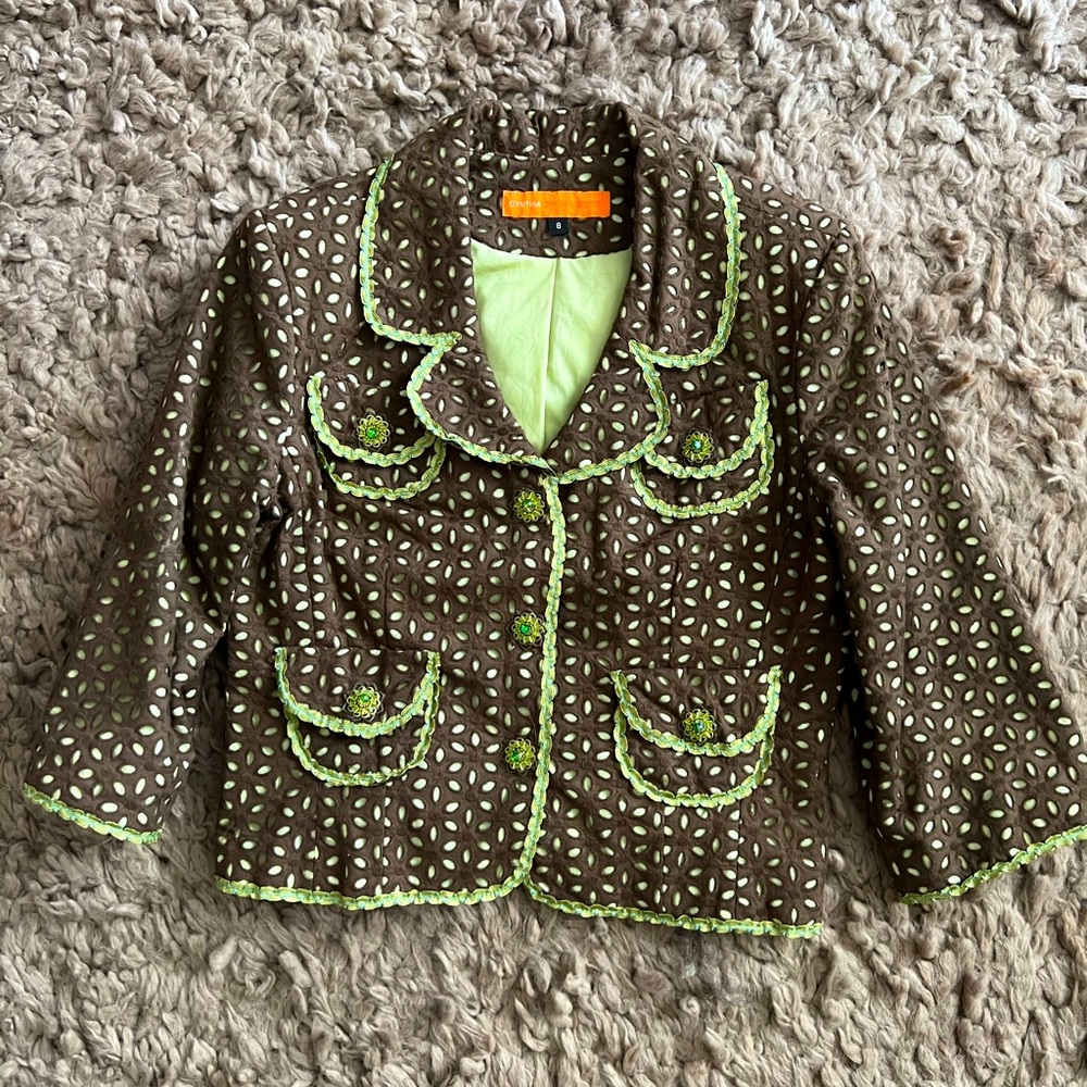 Cynthia Steffe Brown Green Eyelet Blazer size 8